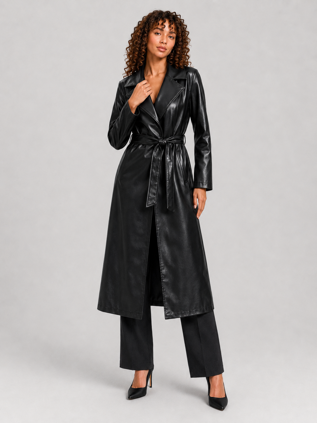 Long Faux Leather Lace-Up Lapel Coat