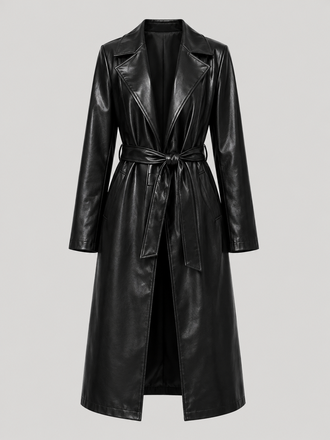Long Faux Leather Lace-Up Lapel Coat