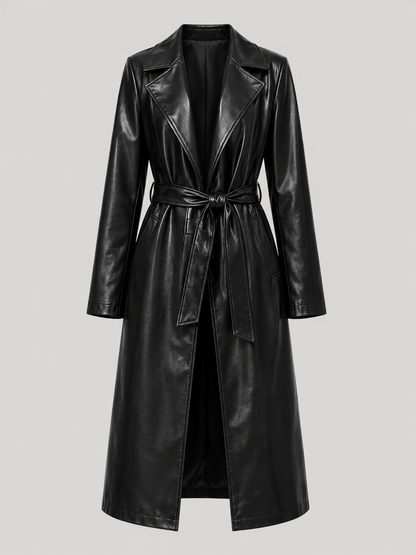 Long Faux Leather Lace-Up Lapel Coat