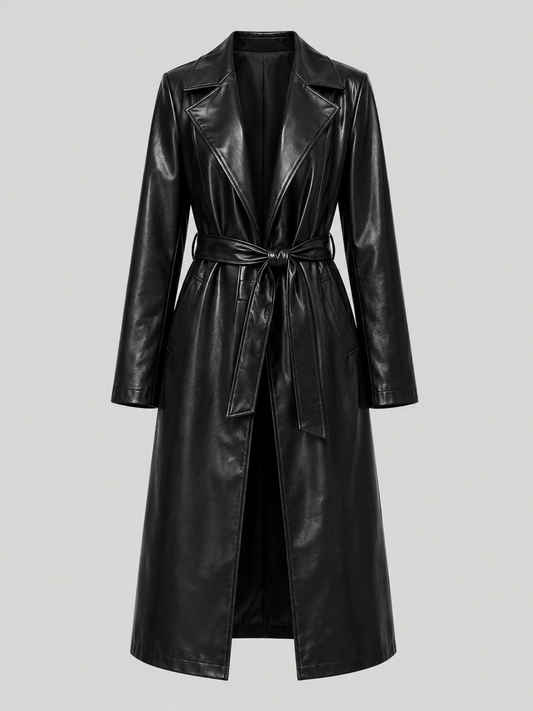 Long Faux Leather Lace-Up Lapel Coat