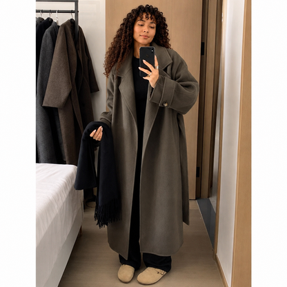 Long Tie-Waist Polyester Coat