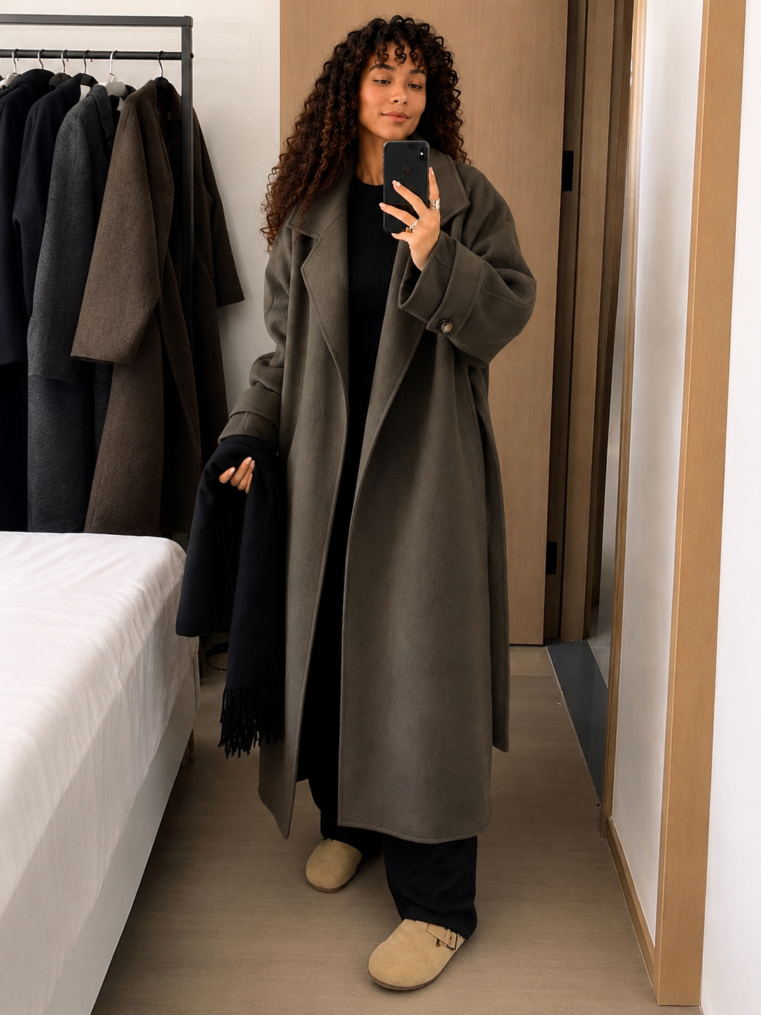 Long Tie-Waist Polyester Coat