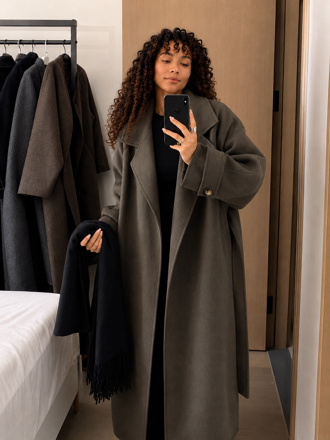 Long Tie-Waist Polyester Coat