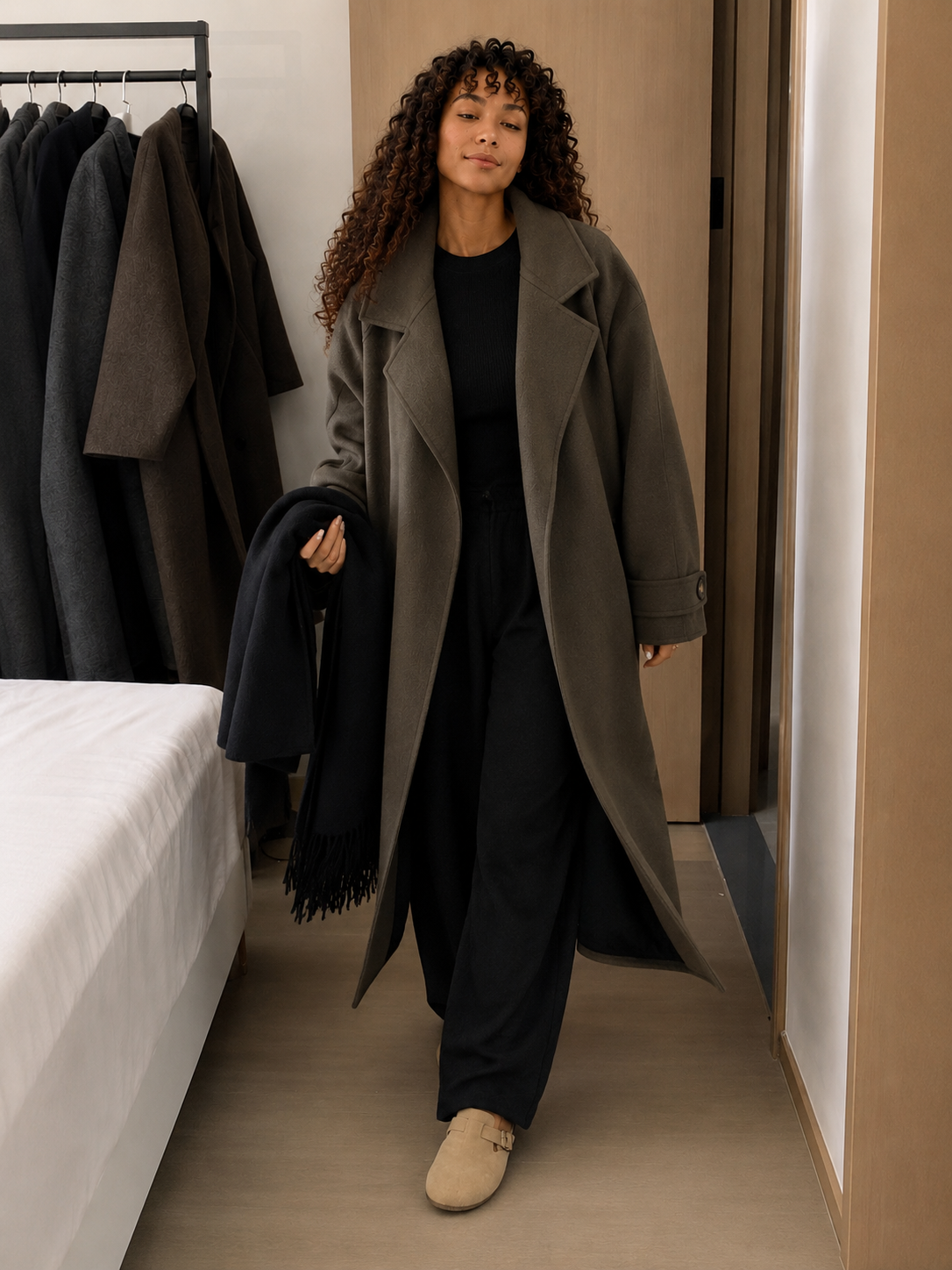 Long Tie-Waist Polyester Coat