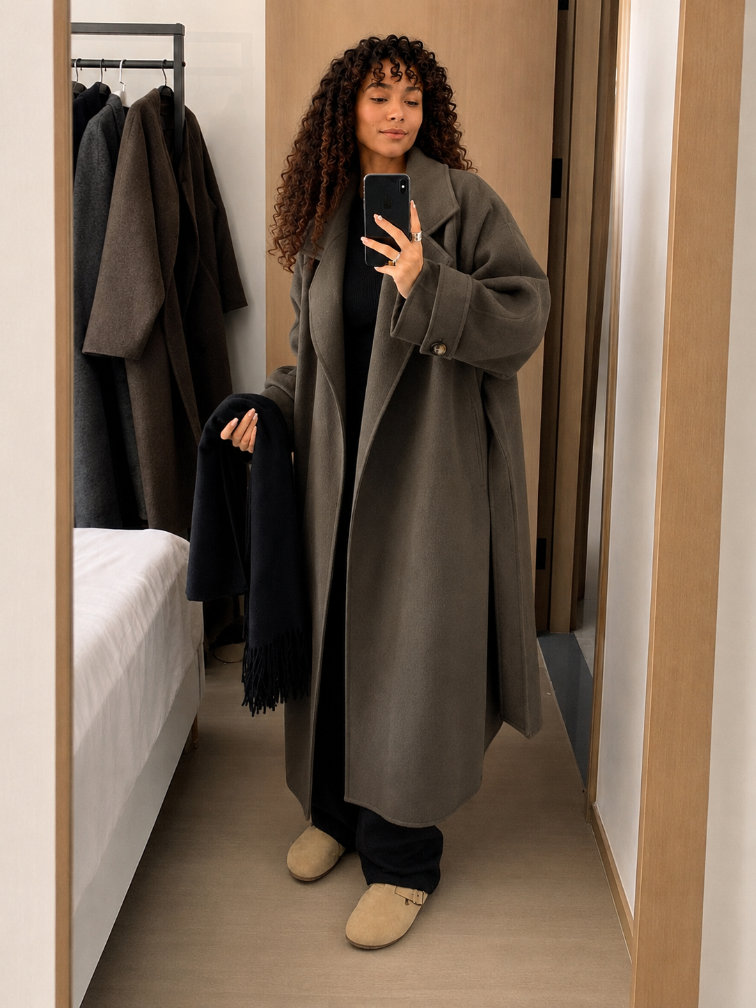 Long Tie-Waist Polyester Coat