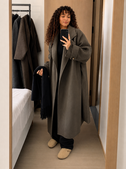 Long Tie-Waist Polyester Coat