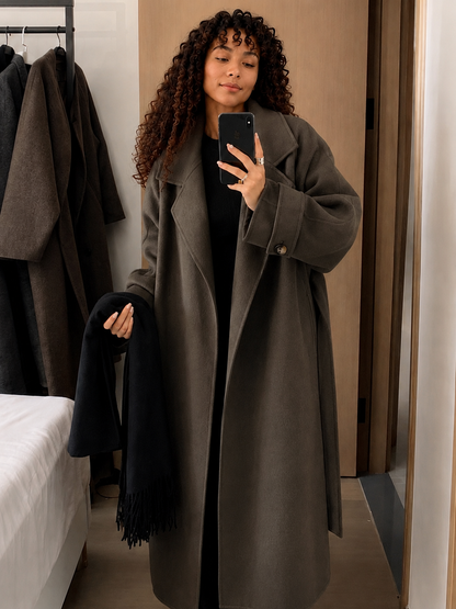 Long Tie-Waist Polyester Coat