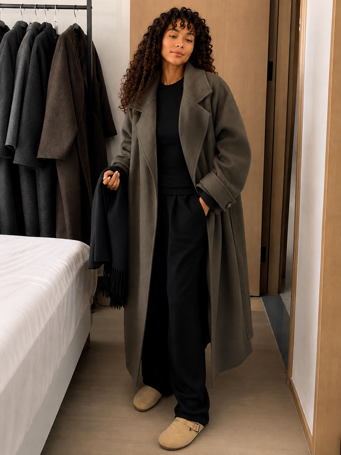 Long Tie-Waist Polyester Coat