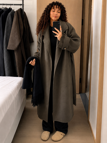 Long Tie-Waist Polyester Coat