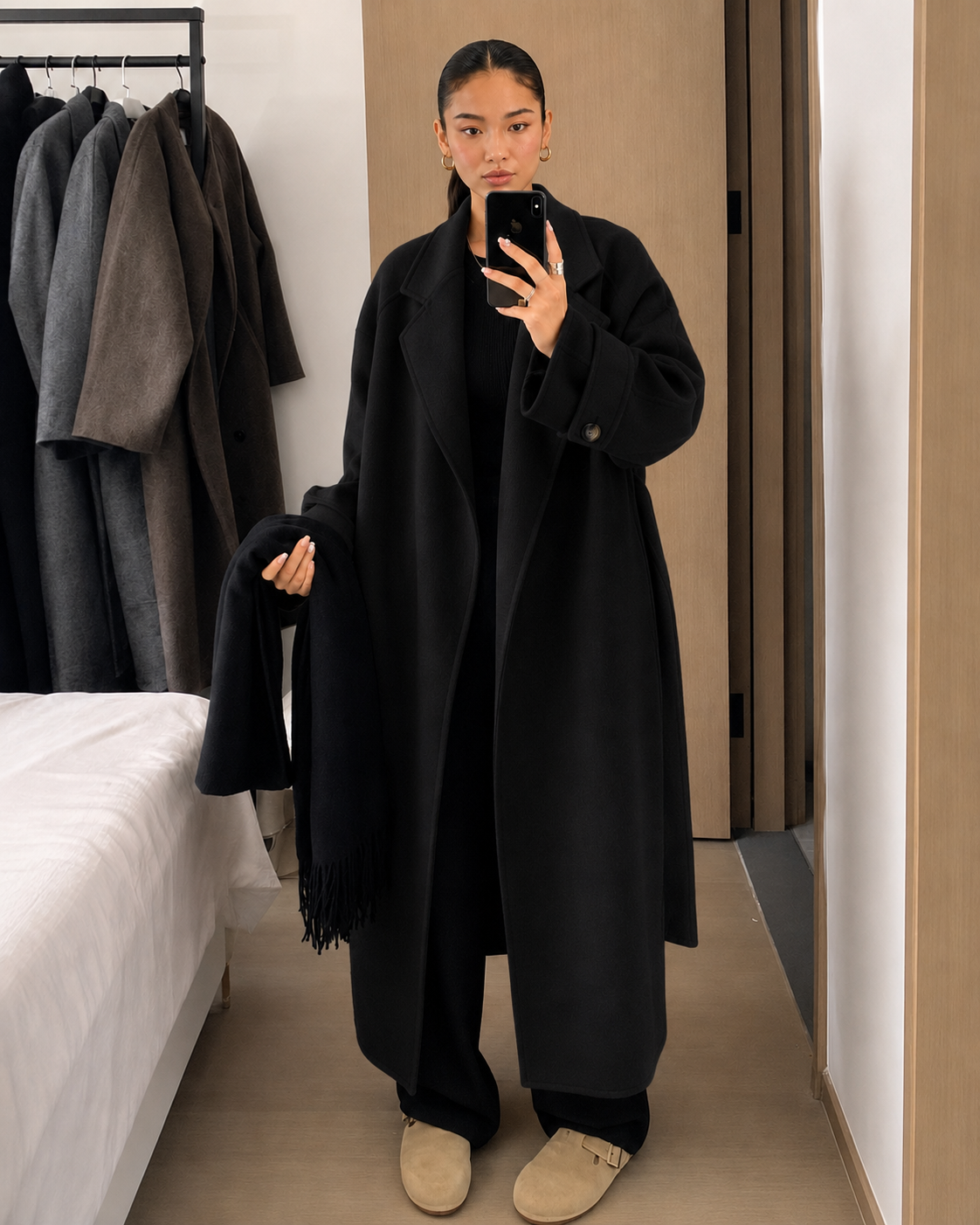 Long Tie-Waist Polyester Coat