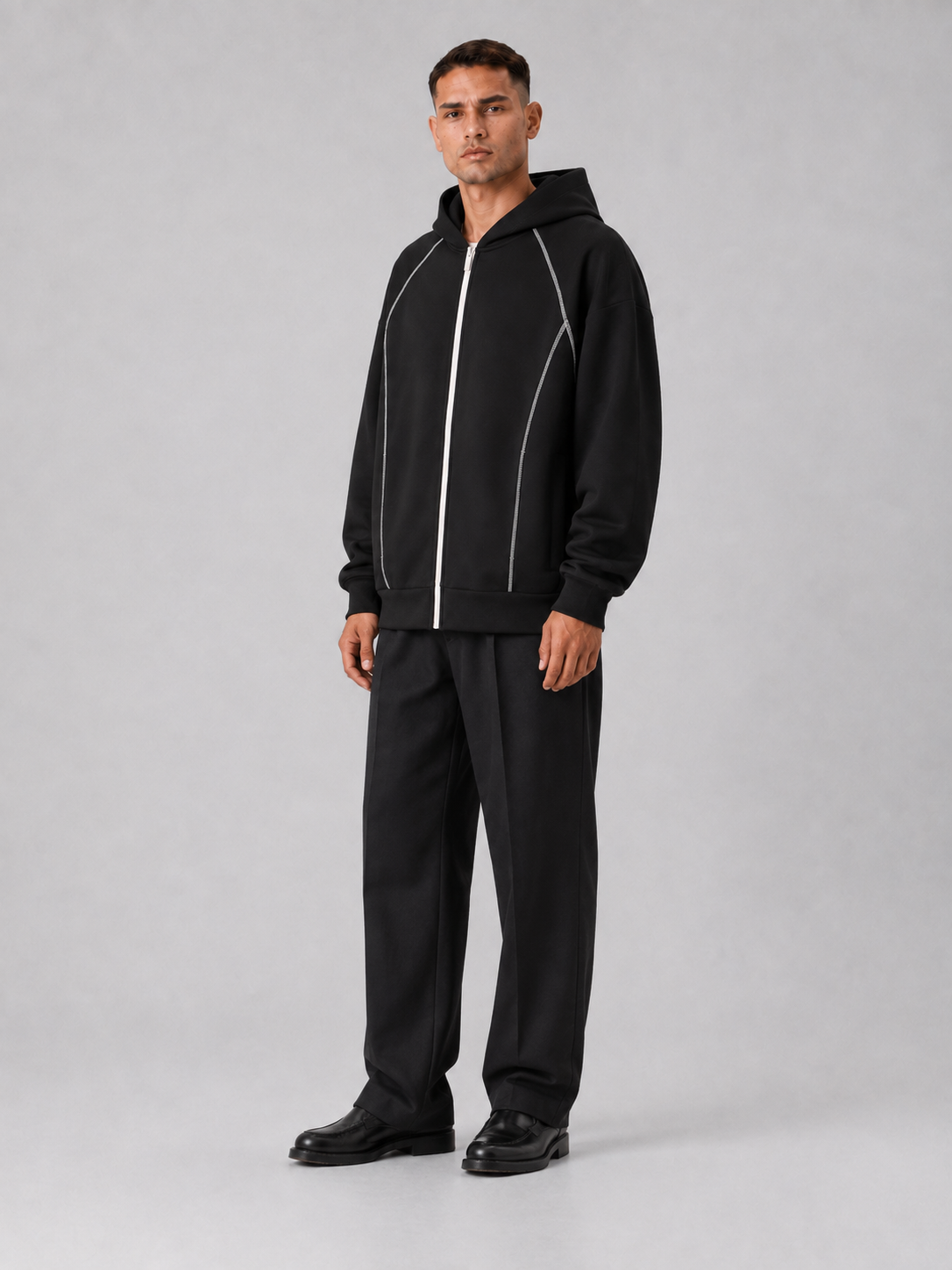 Loose Fit Color-Block Fleece Zip Hoodie