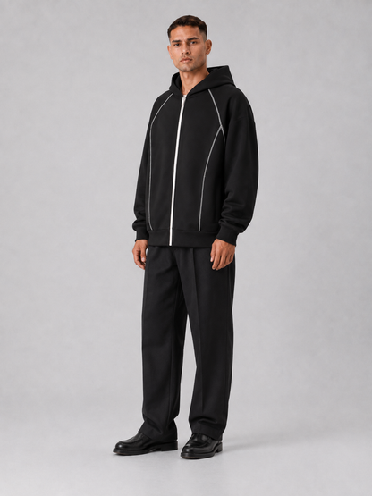 Loose Fit Color-Block Fleece Zip Hoodie