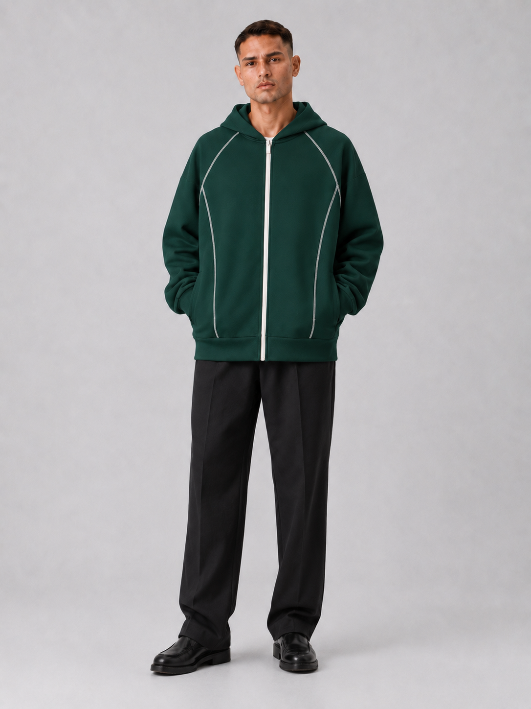 Loose Fit Color-Block Fleece Zip Hoodie