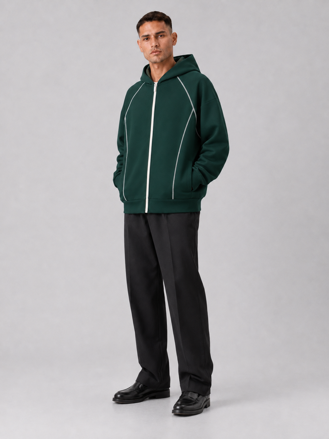 Loose Fit Color-Block Fleece Zip Hoodie