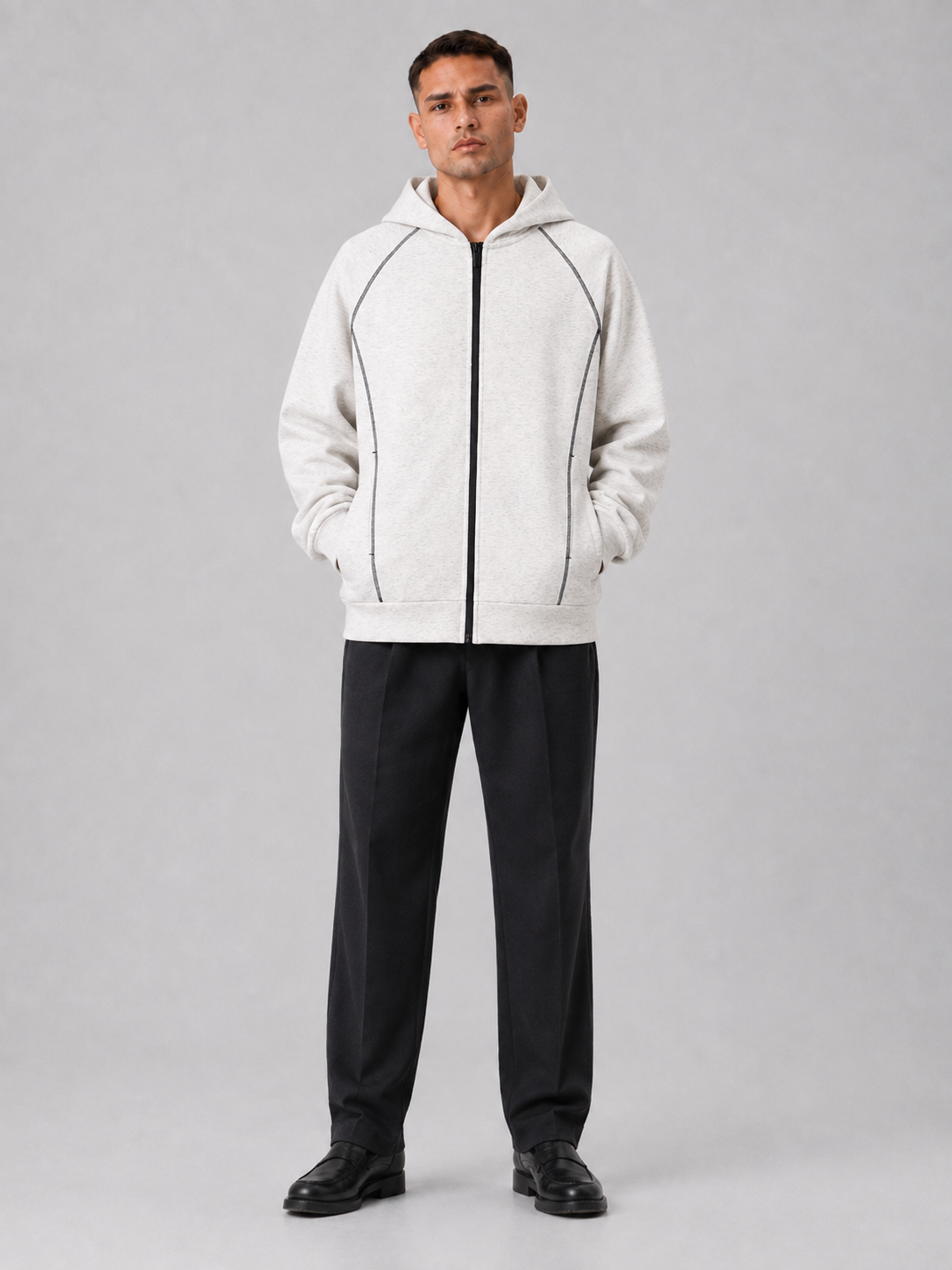 Loose Fit Color-Block Fleece Zip Hoodie