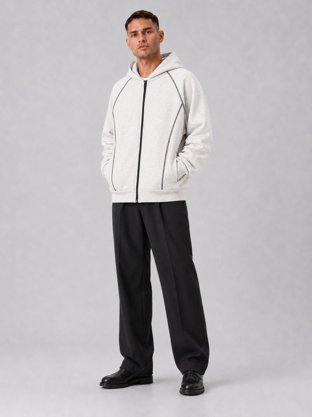 Loose Fit Color-Block Fleece Zip Hoodie