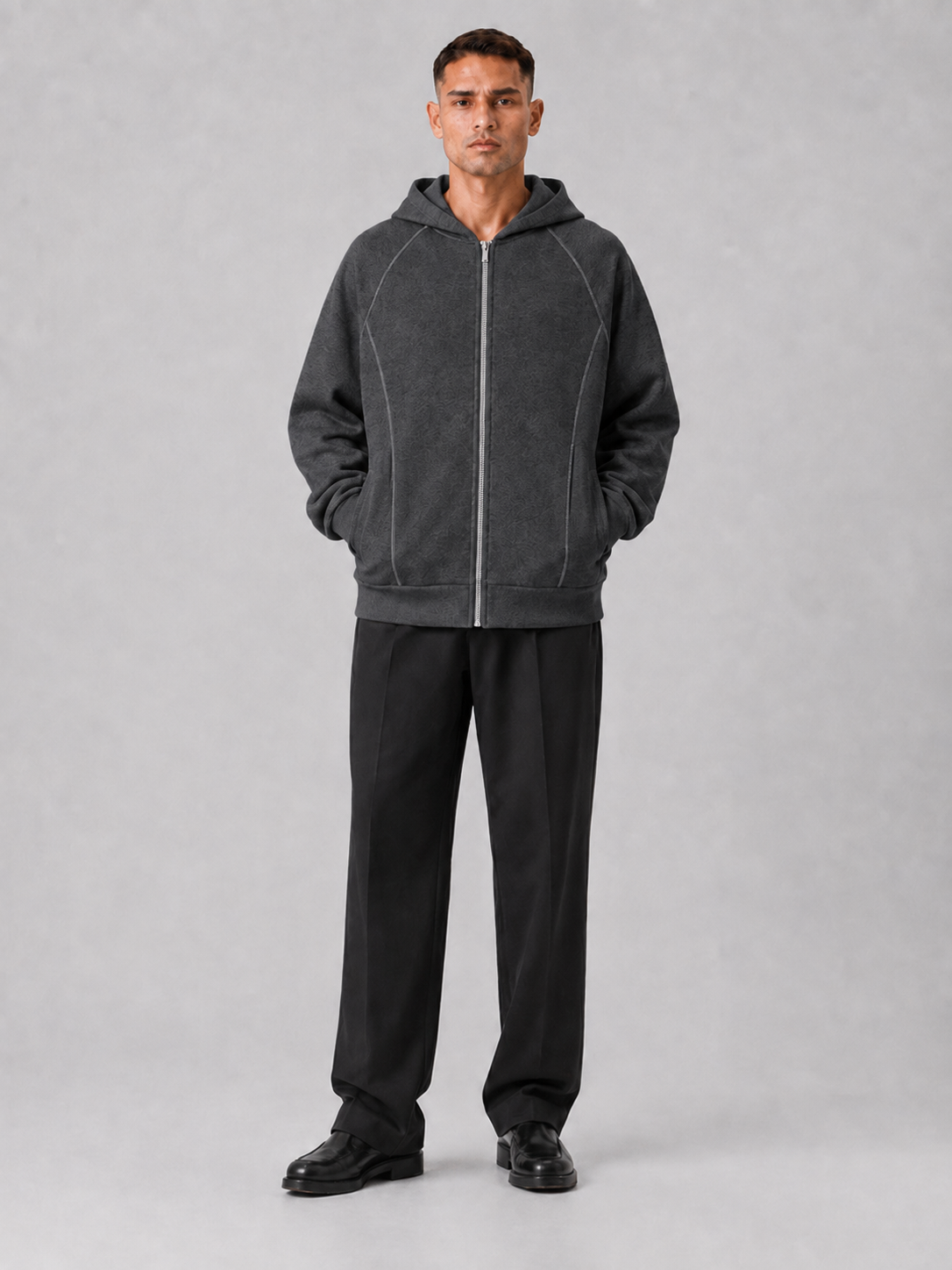 Loose Fit Color-Block Fleece Zip Hoodie