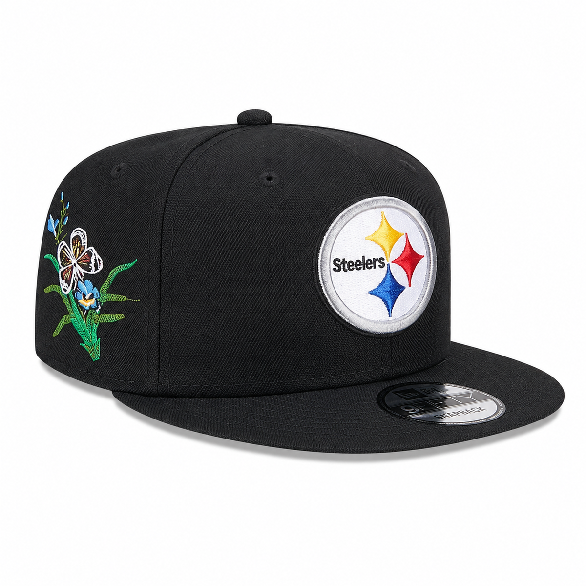 Black Floral Emblem Embroidered Snapback Cap