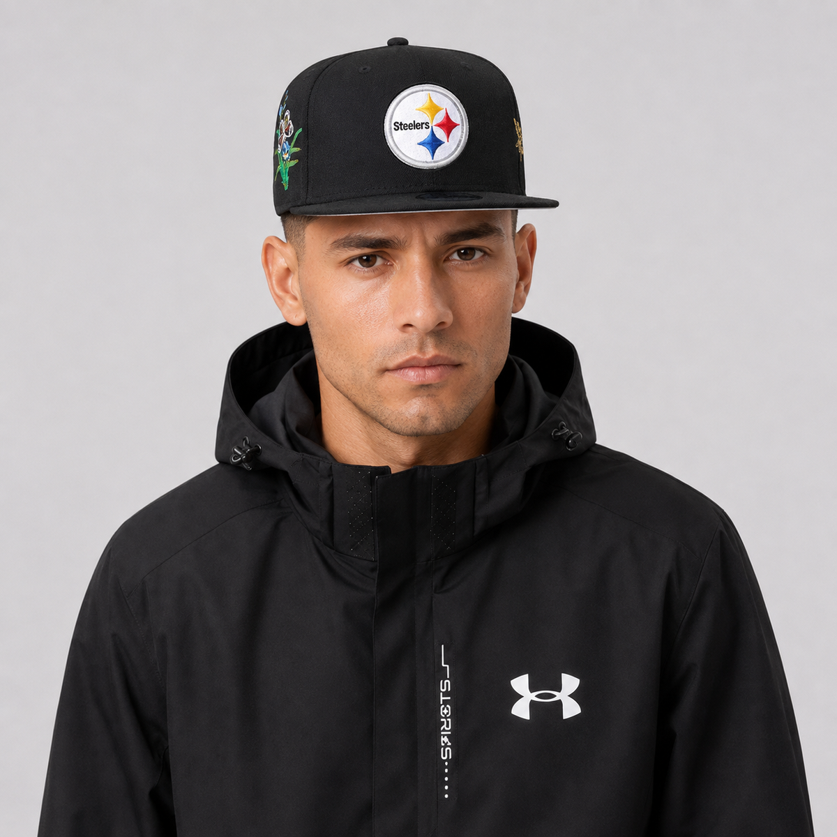 Black Floral Emblem Embroidered Snapback Cap