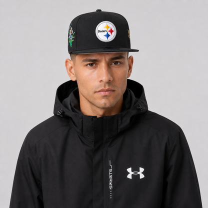 Black Floral Emblem Embroidered Snapback Cap