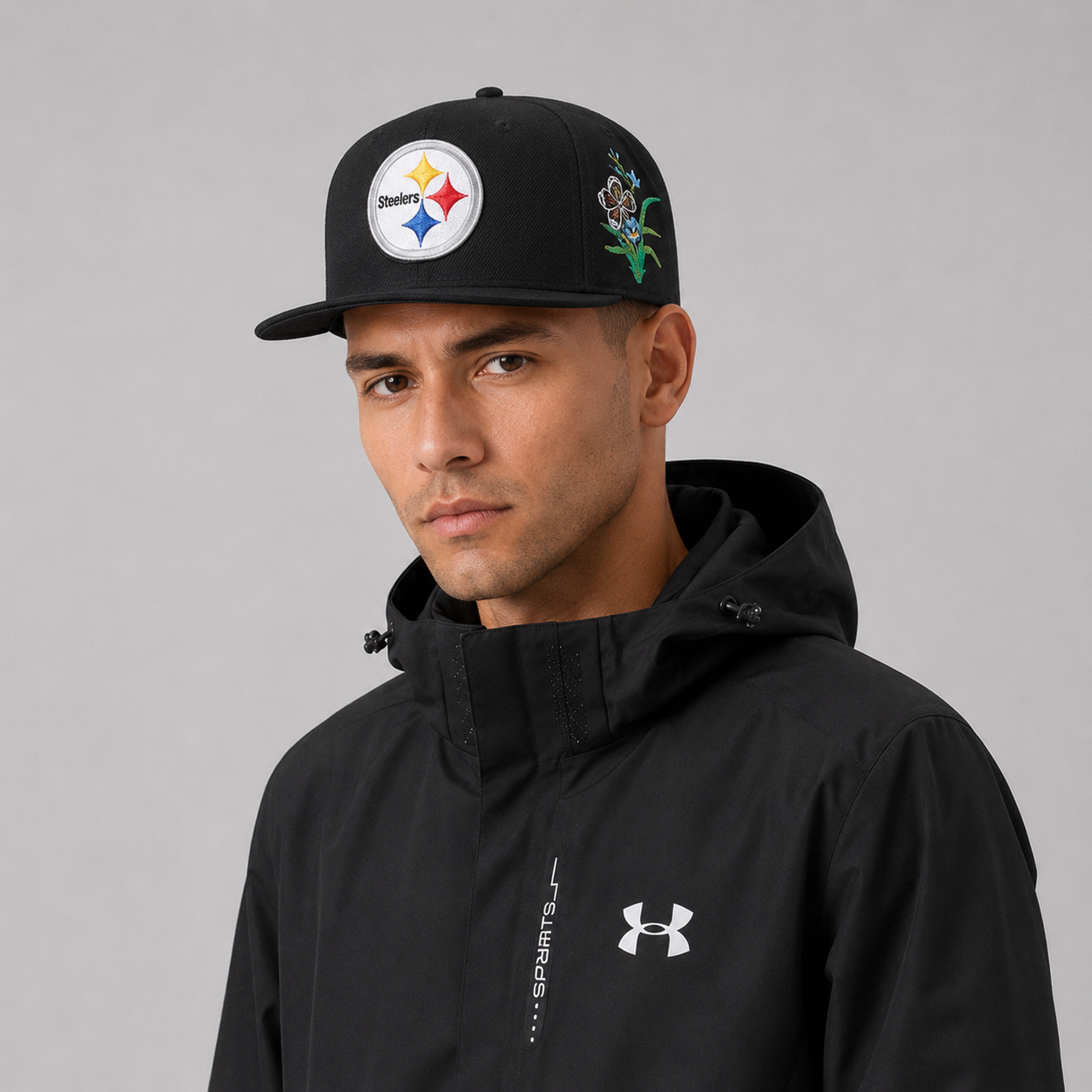 Black Floral Emblem Embroidered Snapback Cap