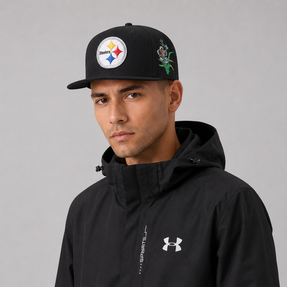 Black Floral Emblem Embroidered Snapback Cap