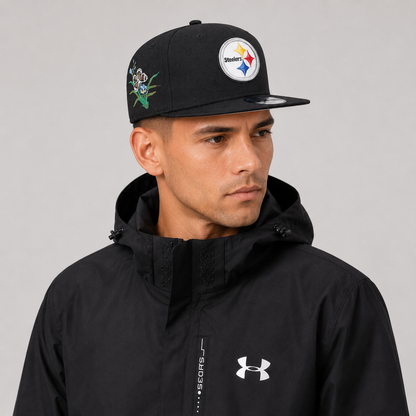 Black Floral Emblem Embroidered Snapback Cap