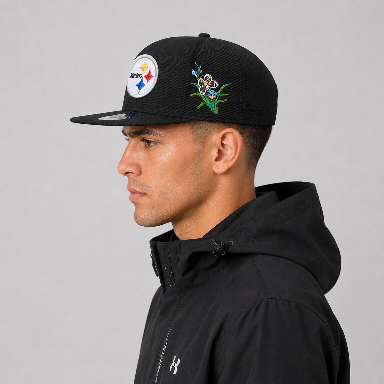 Black Floral Emblem Embroidered Snapback Cap