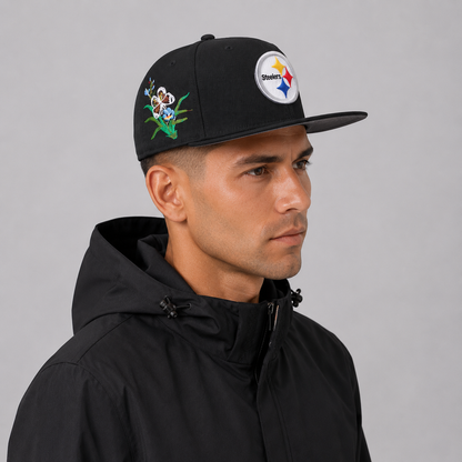 Black Floral Emblem Embroidered Snapback Cap