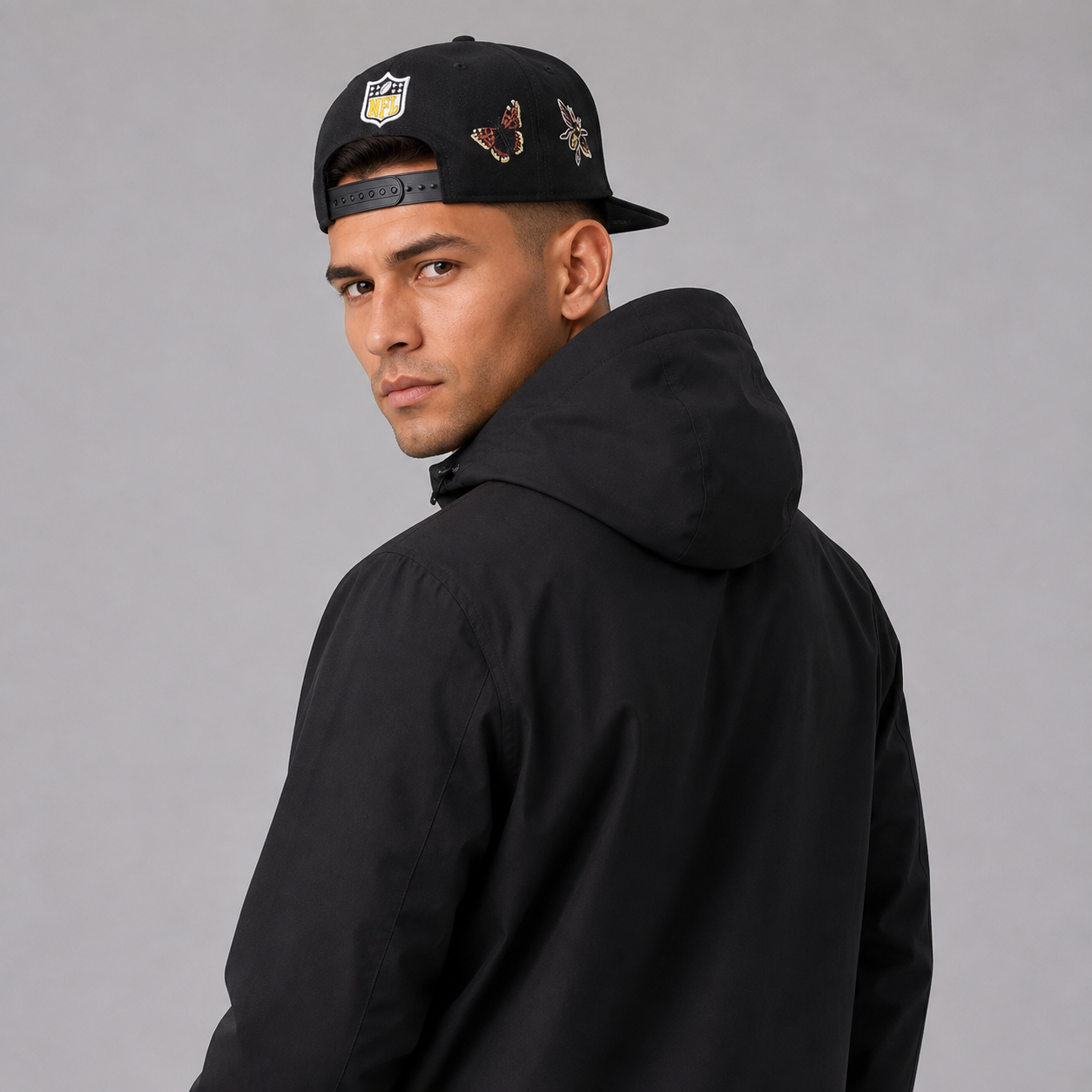Black Floral Emblem Embroidered Snapback Cap