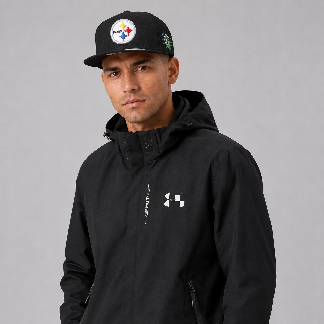 Black Floral Emblem Embroidered Snapback Cap