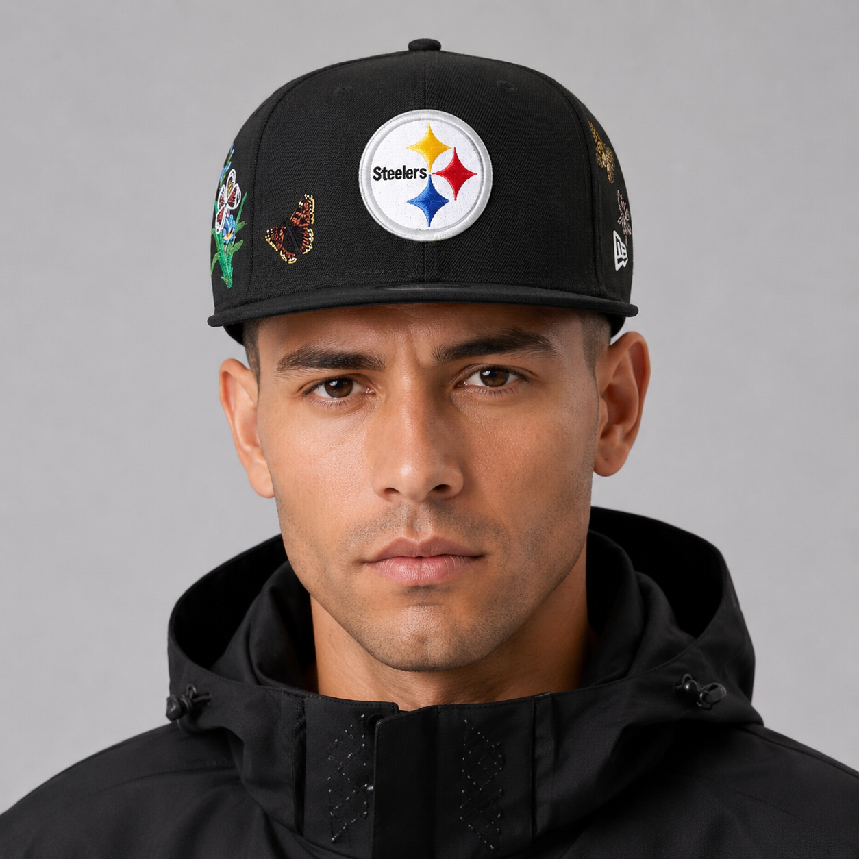 Black Floral Emblem Embroidered Snapback Cap