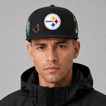 Black Floral Emblem Embroidered Snapback Cap