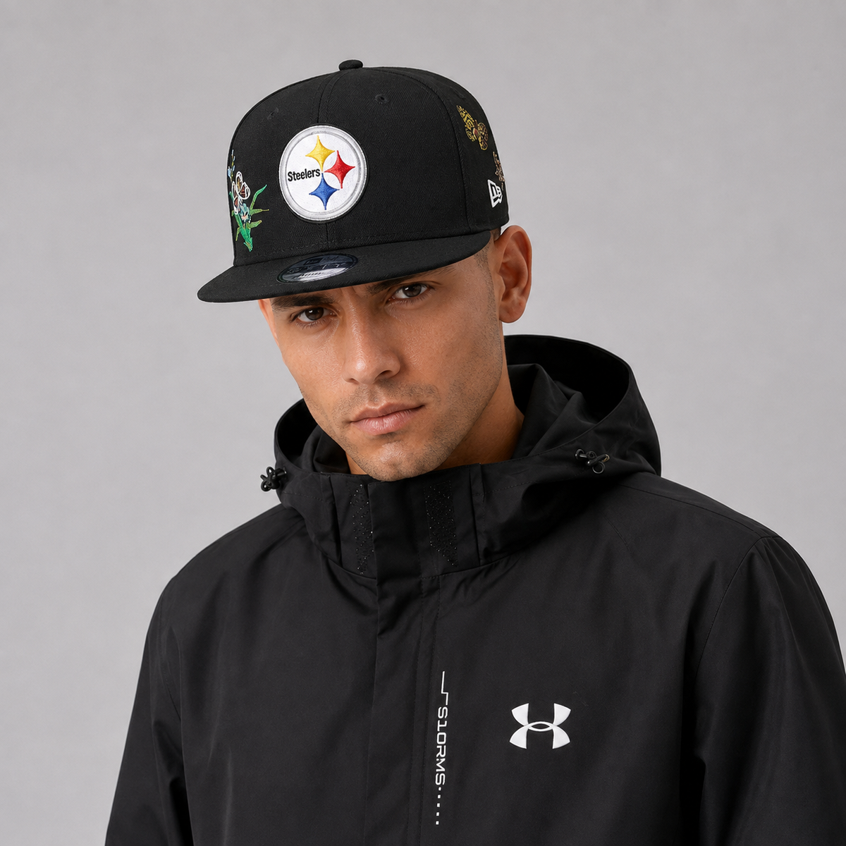 Black Floral Emblem Embroidered Snapback Cap