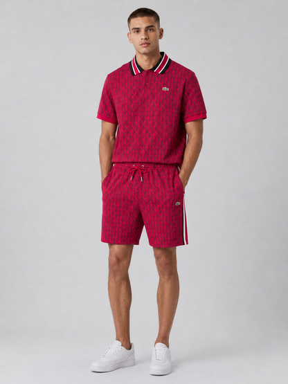 Striped Collar Red Printed Cotton T-Shirt & Shorts Set