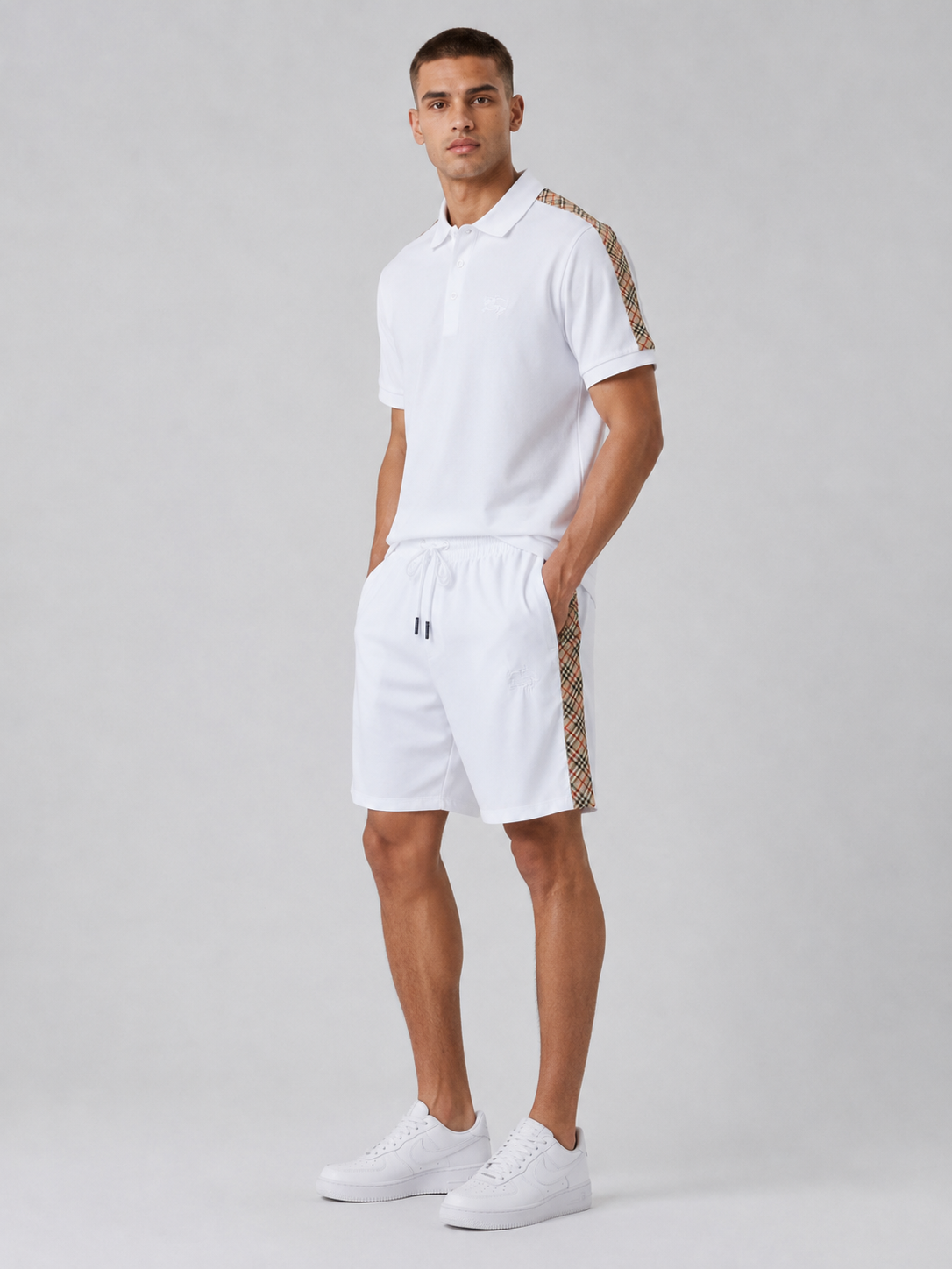 White Polo Shirt & Shorts Set – Plaid Side Detail