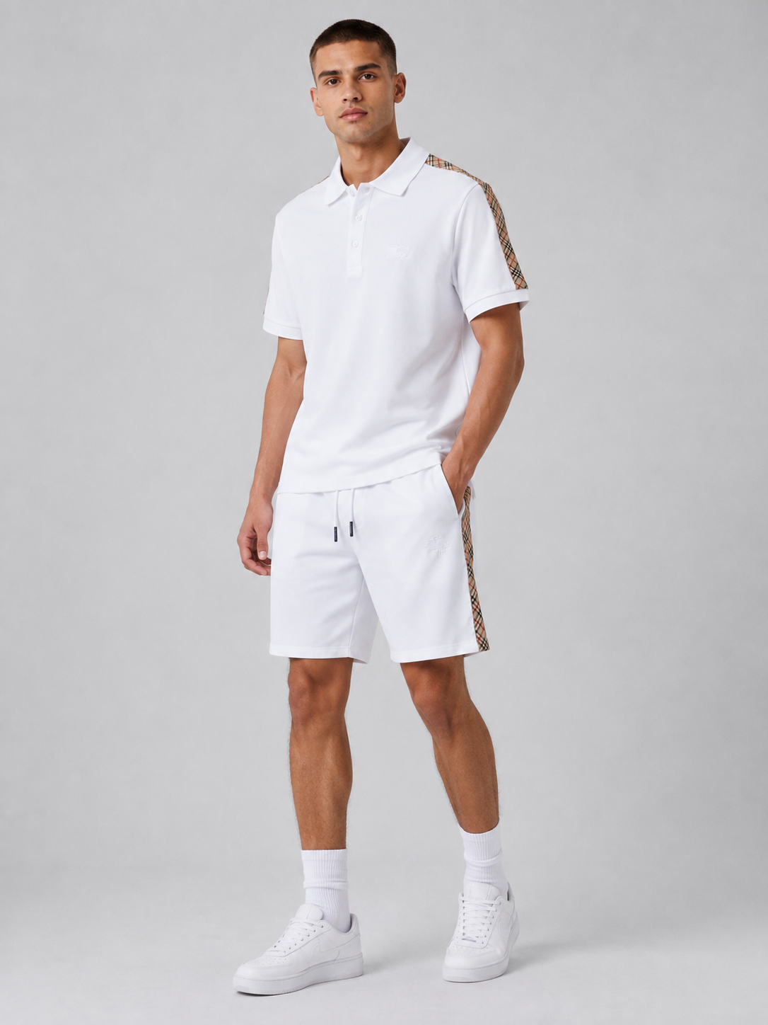 White Polo Shirt & Shorts Set – Plaid Side Detail