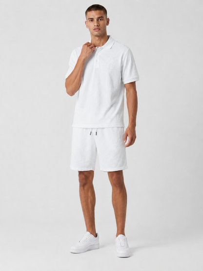 White Textured Polo Shirt & Shorts Set
