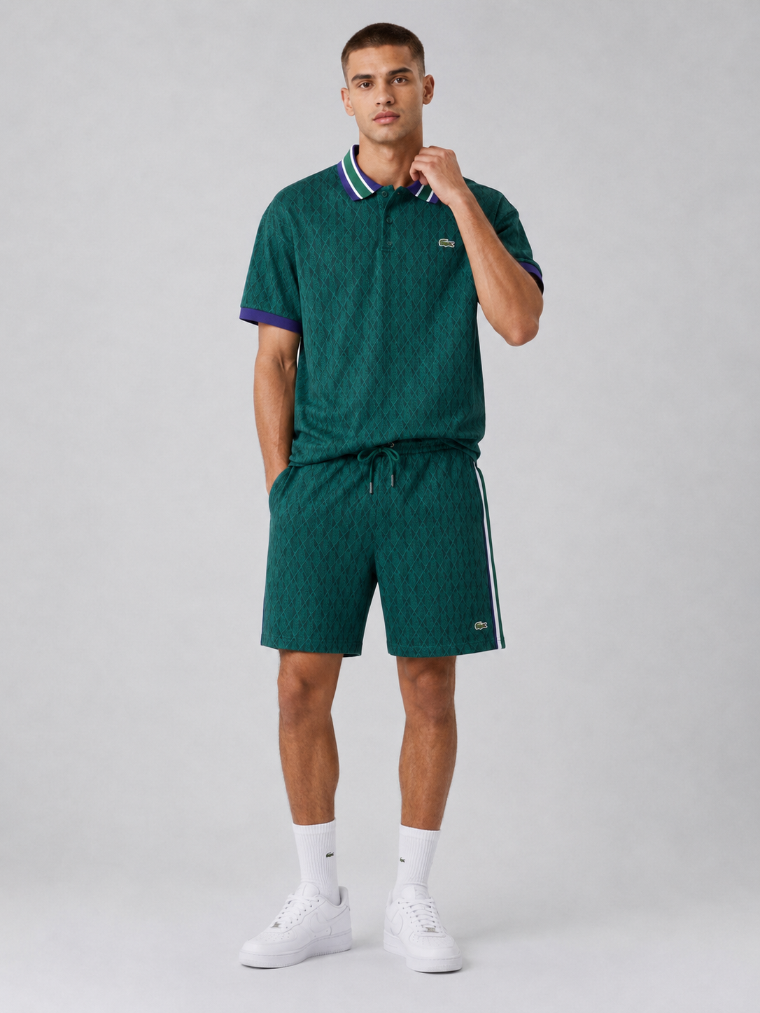 Striped Collar Green Printed Cotton T-Shirt & Shorts Set