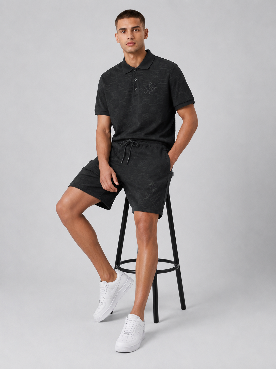 Black Textured Polo Shirt & Shorts Set
