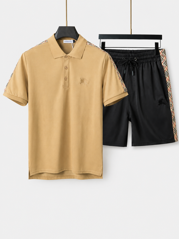 Beige Polo Shirt & Shorts Set – Plaid Side Detail