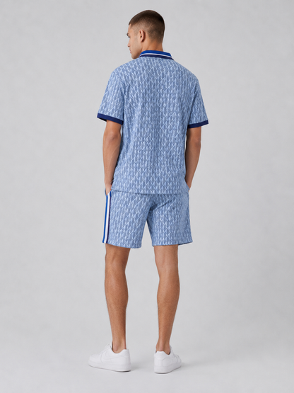 Striped Collar Light Blue Printed Cotton T-Shirt & Shorts Set