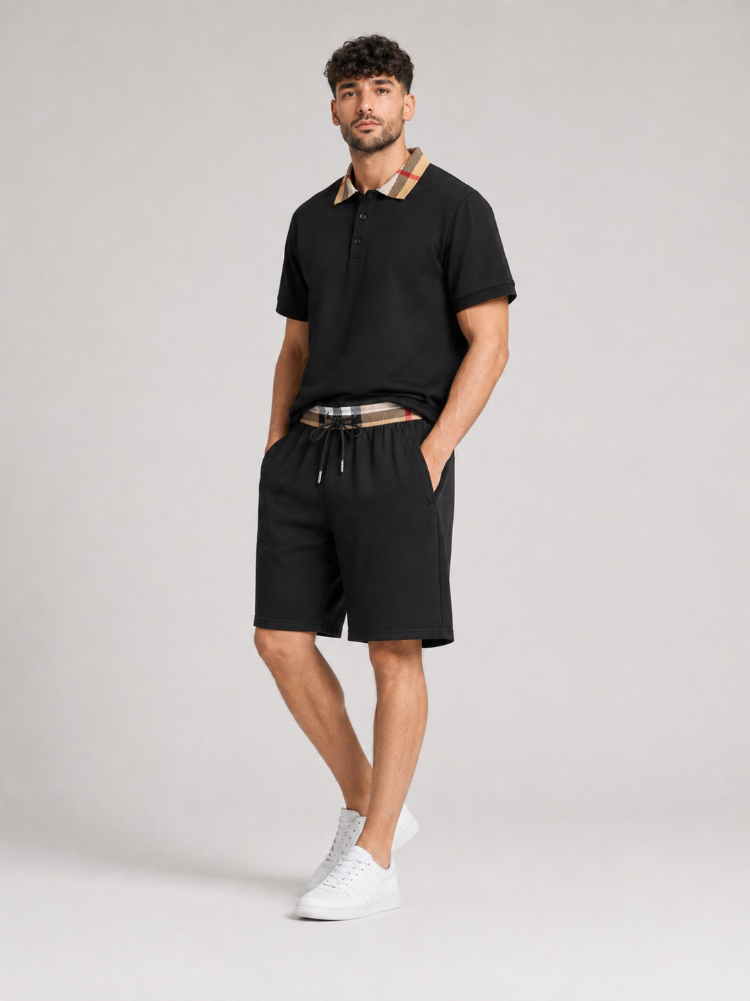 Black Polo Shirt & Shorts Two-Piece Set