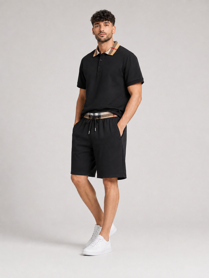 Black Polo Shirt & Shorts Two-Piece Set