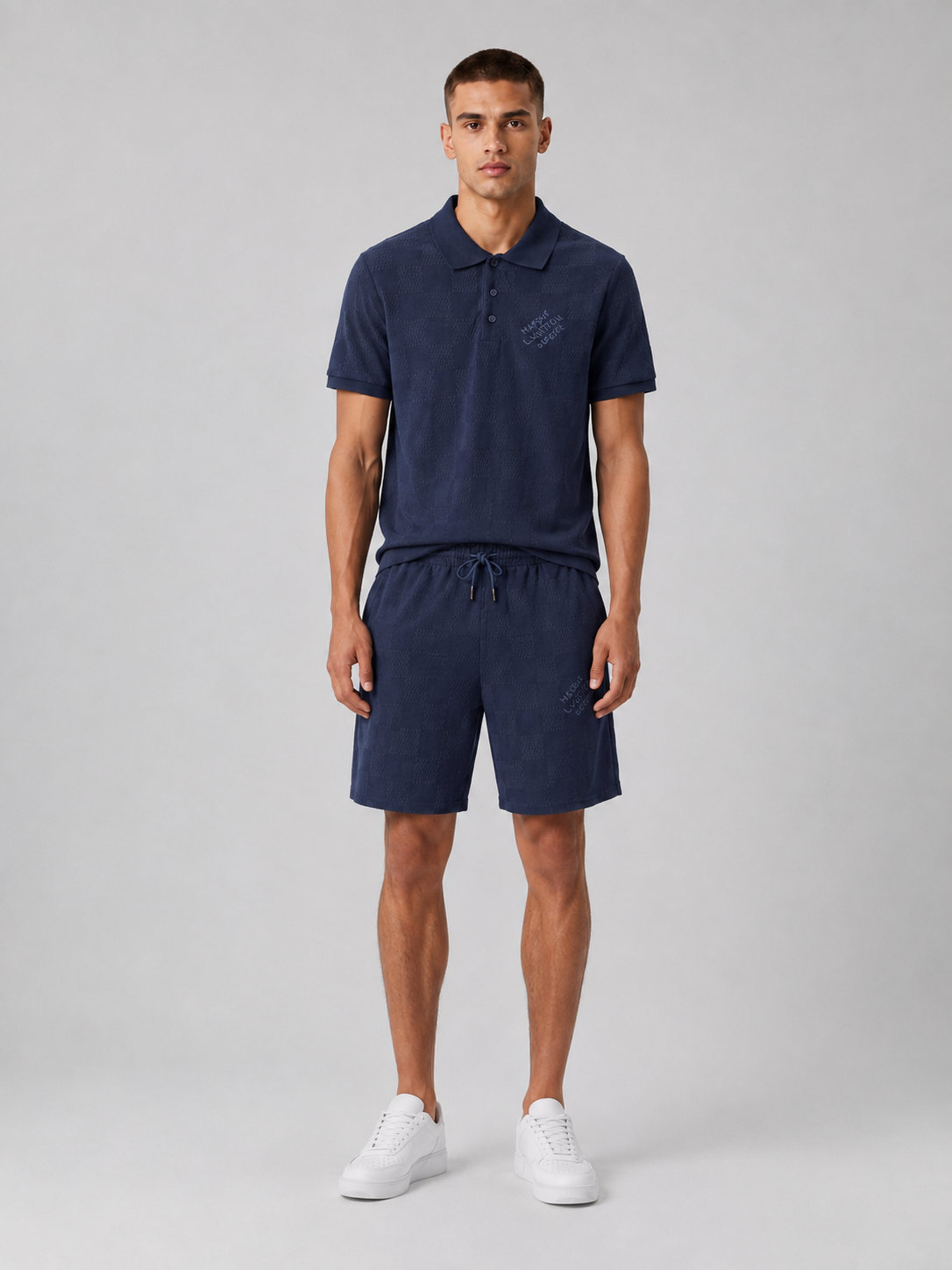 Navy Textured Polo Shirt & Shorts Set