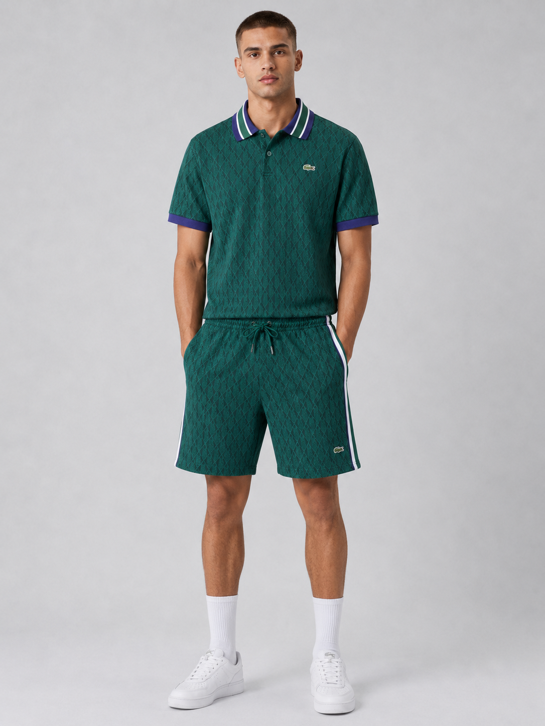 Striped Collar Green Printed Cotton T-Shirt & Shorts Set