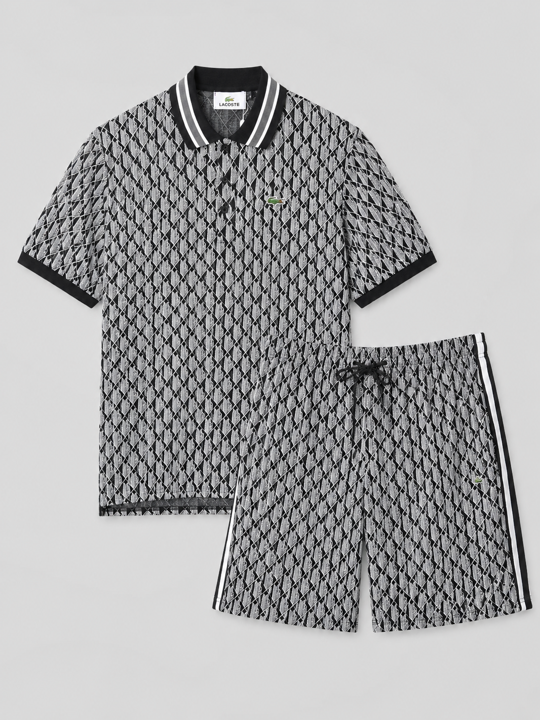 Black & White Geometric Polo Shirt & Shorts Set