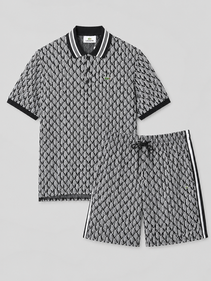 Black & White Geometric Polo Shirt & Shorts Set
