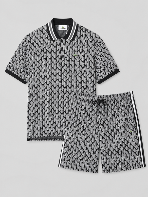 Black & White Geometric Polo Shirt & Shorts Set