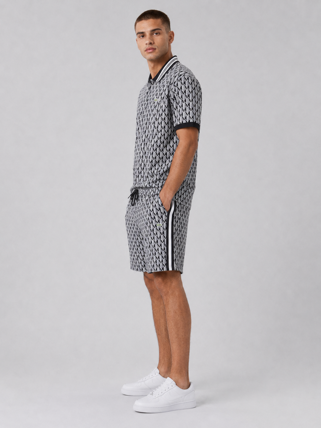 Black & White Geometric Polo Shirt & Shorts Set